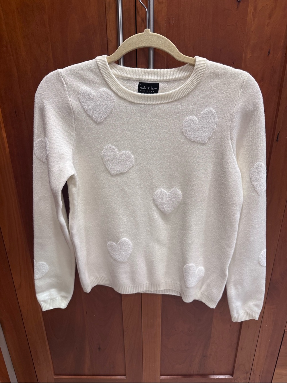 Nicole Miller Women’s Cream Heart-Textured Crewneck Sweater Sz Small